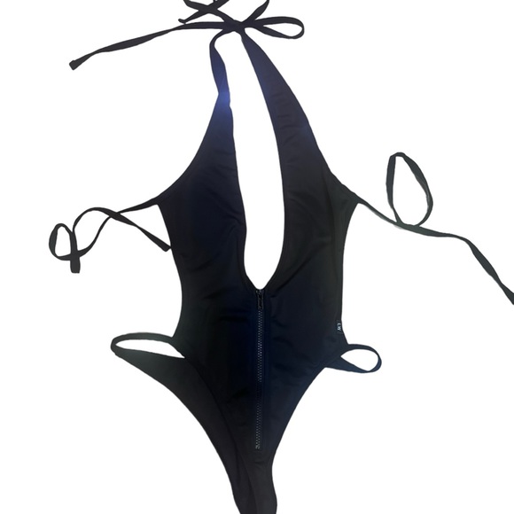 Small black string swimsuit bodysuit front zipper ties at neck and back sexy EUC - Picture 2 of 6